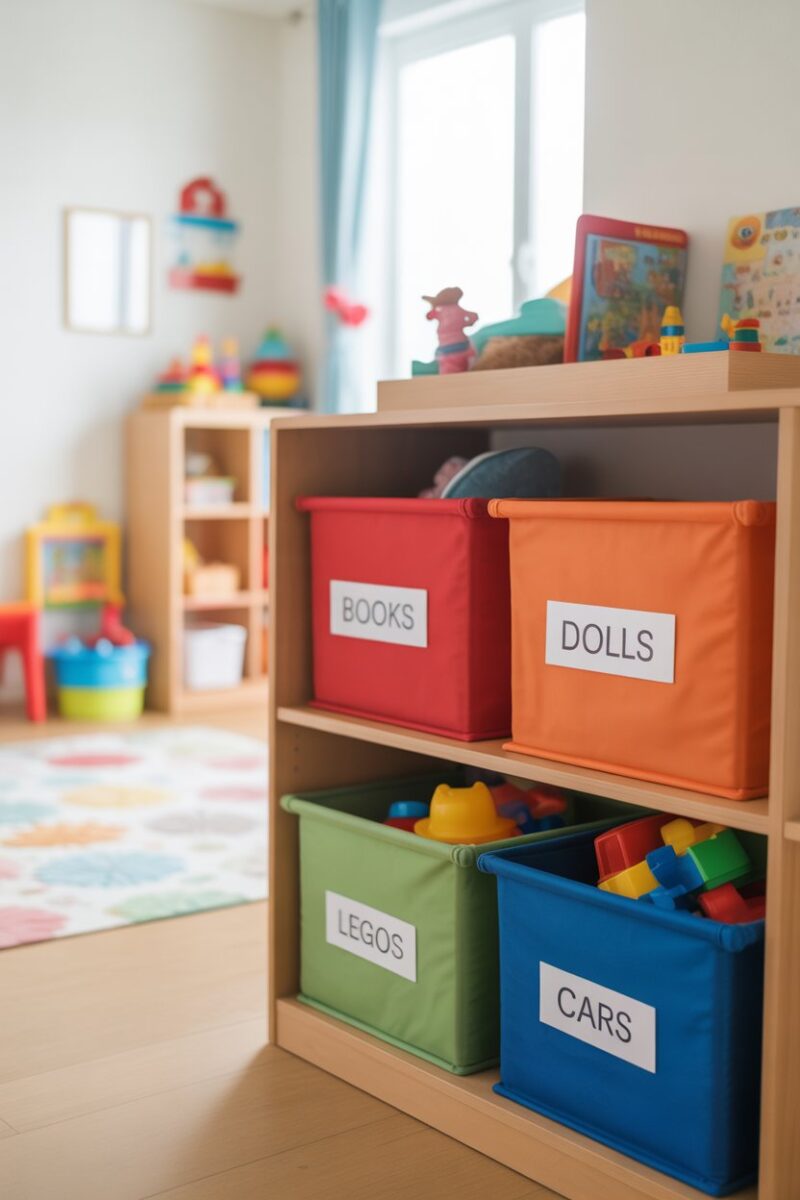 Colorful storage bins labeled for easy identification in a playroom.