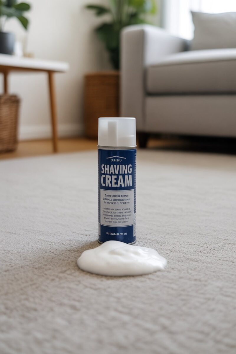 A hand applying shaving cream to a carpet stain