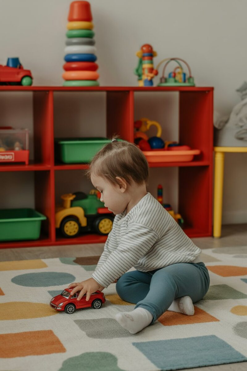 A child playing with a toy car in a colorful play area filled with organized toys.