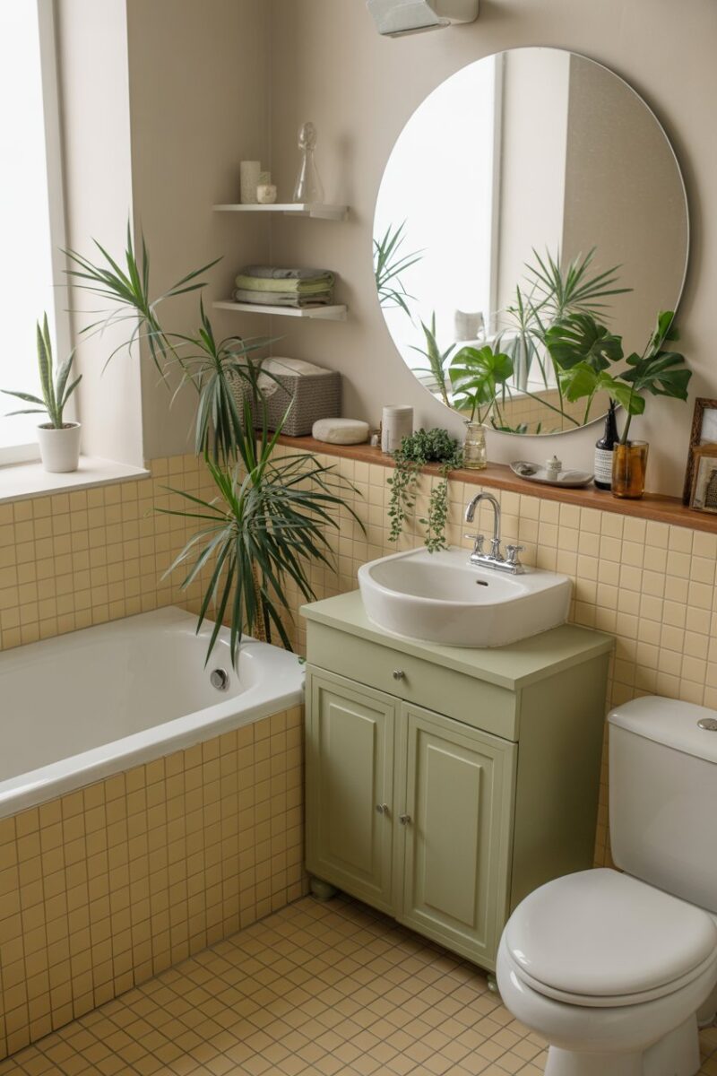 A clean and organized bathroom with a bathtub, sink, and plants.