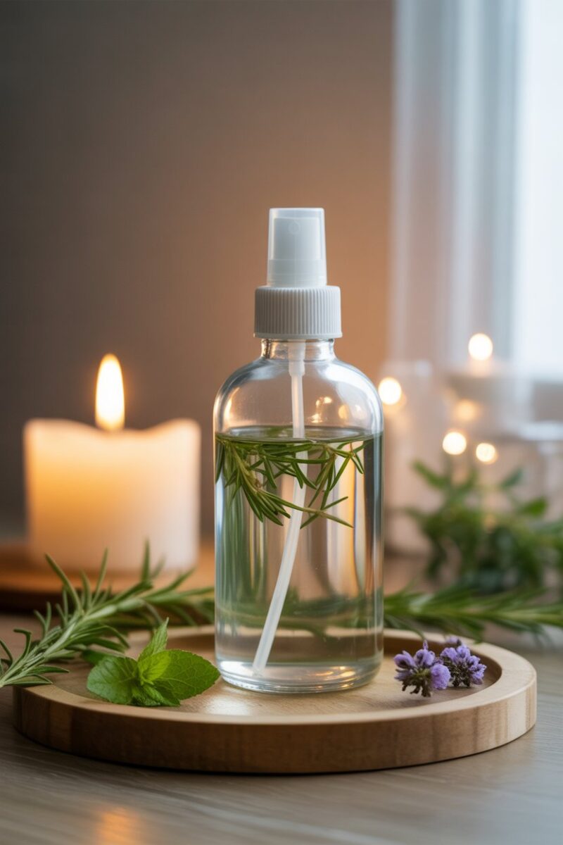 A clear spray bottle filled with water and essential oils, surrounded by fresh herbs and a candle.