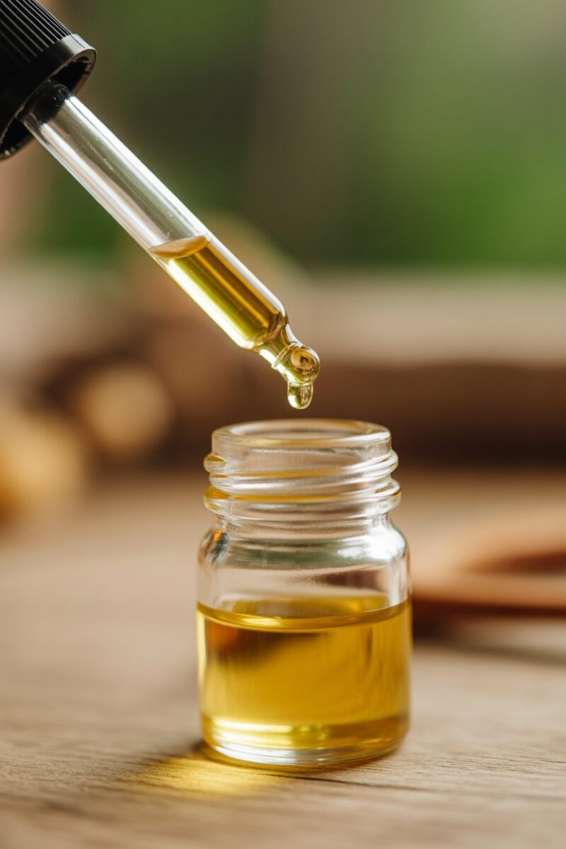 A dropper bottle pouring essential oil into a glass jar.