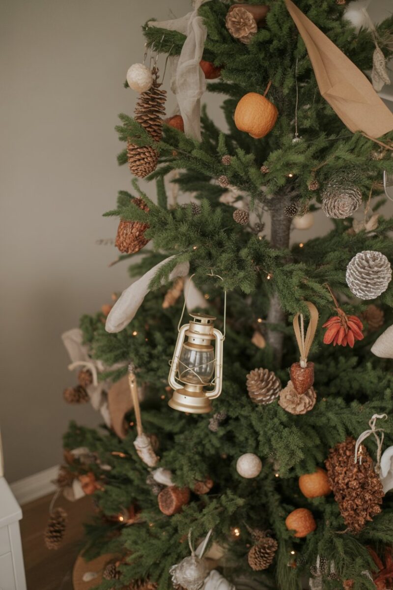 A close-up of a Thanksgiving tree adorned with natural ornaments like pinecones, dried fruits, and a lantern.
