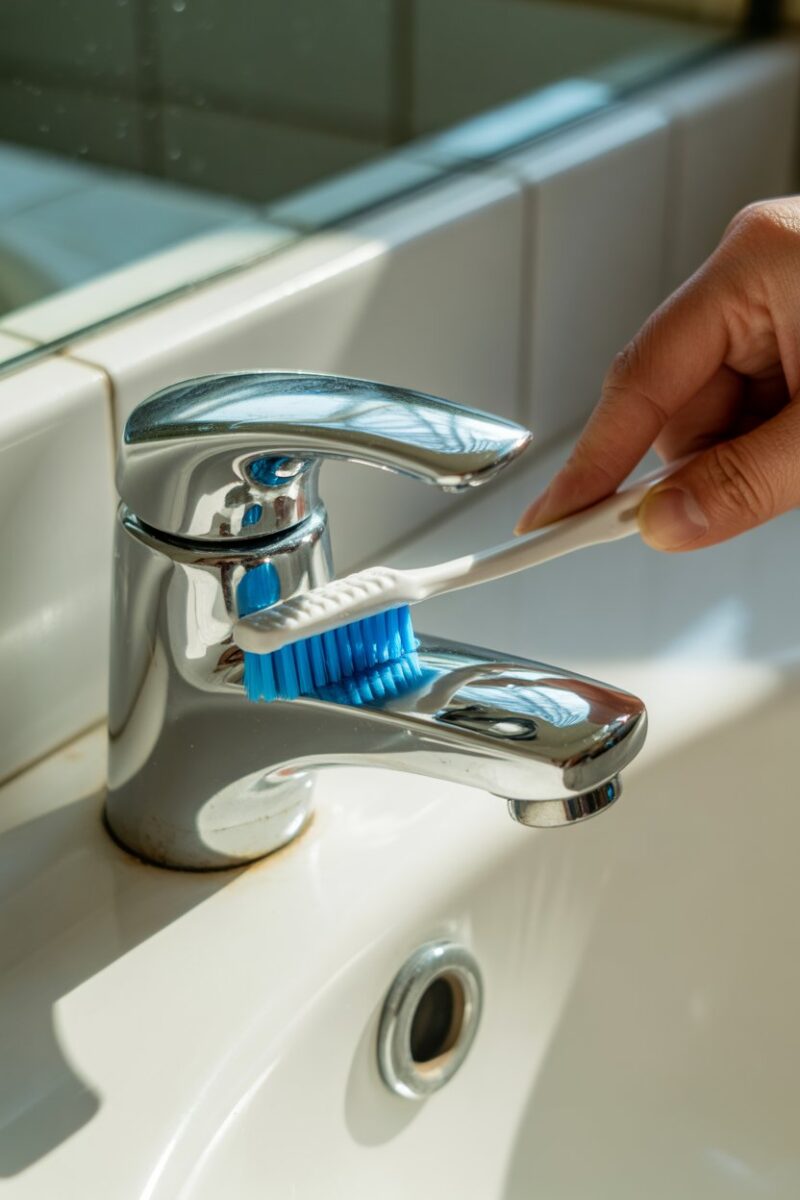 A toothbrush with toothpaste is being used to clean a faucet.