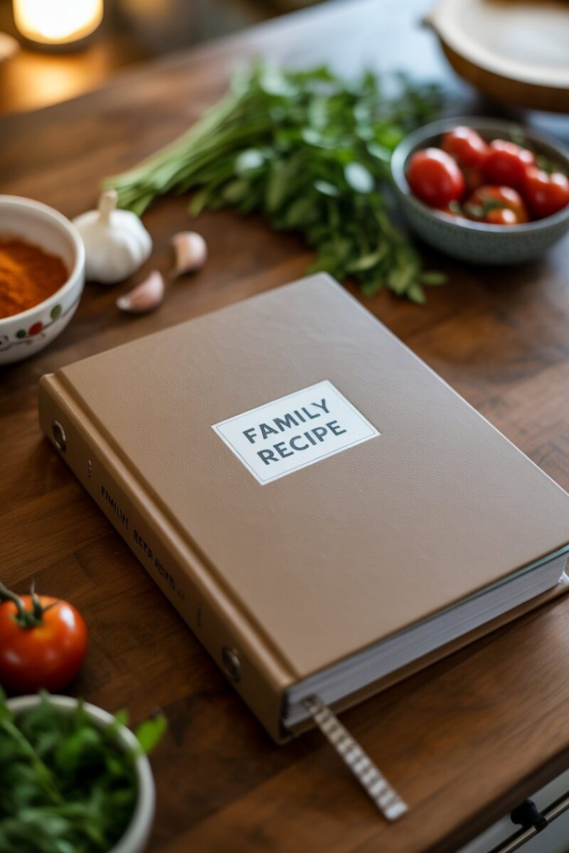A family recipe binder surrounded by fresh ingredients and spices.