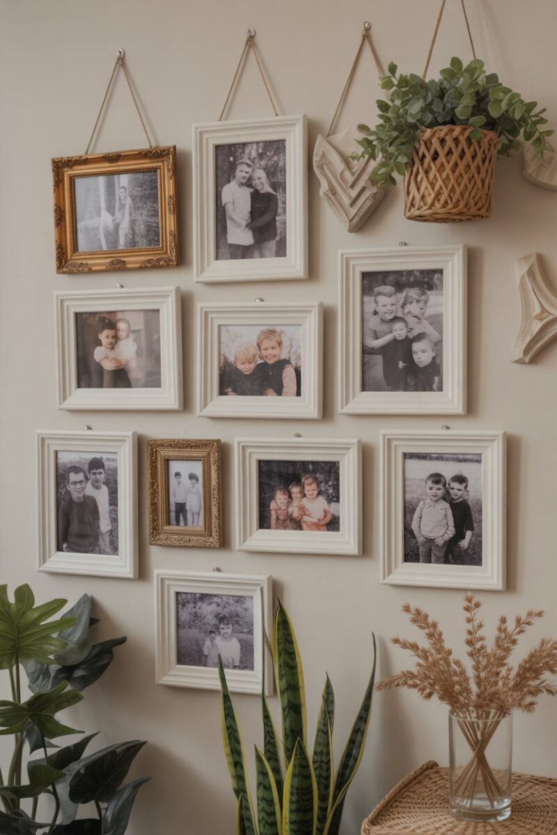 A collage of family photos in various frames on a wall, with plants and decorative elements.