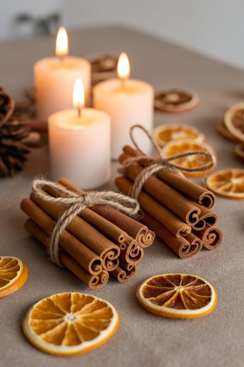 A collection of cinnamon stick bundles tied with twine, displayed on a table with candles and dried orange slices.