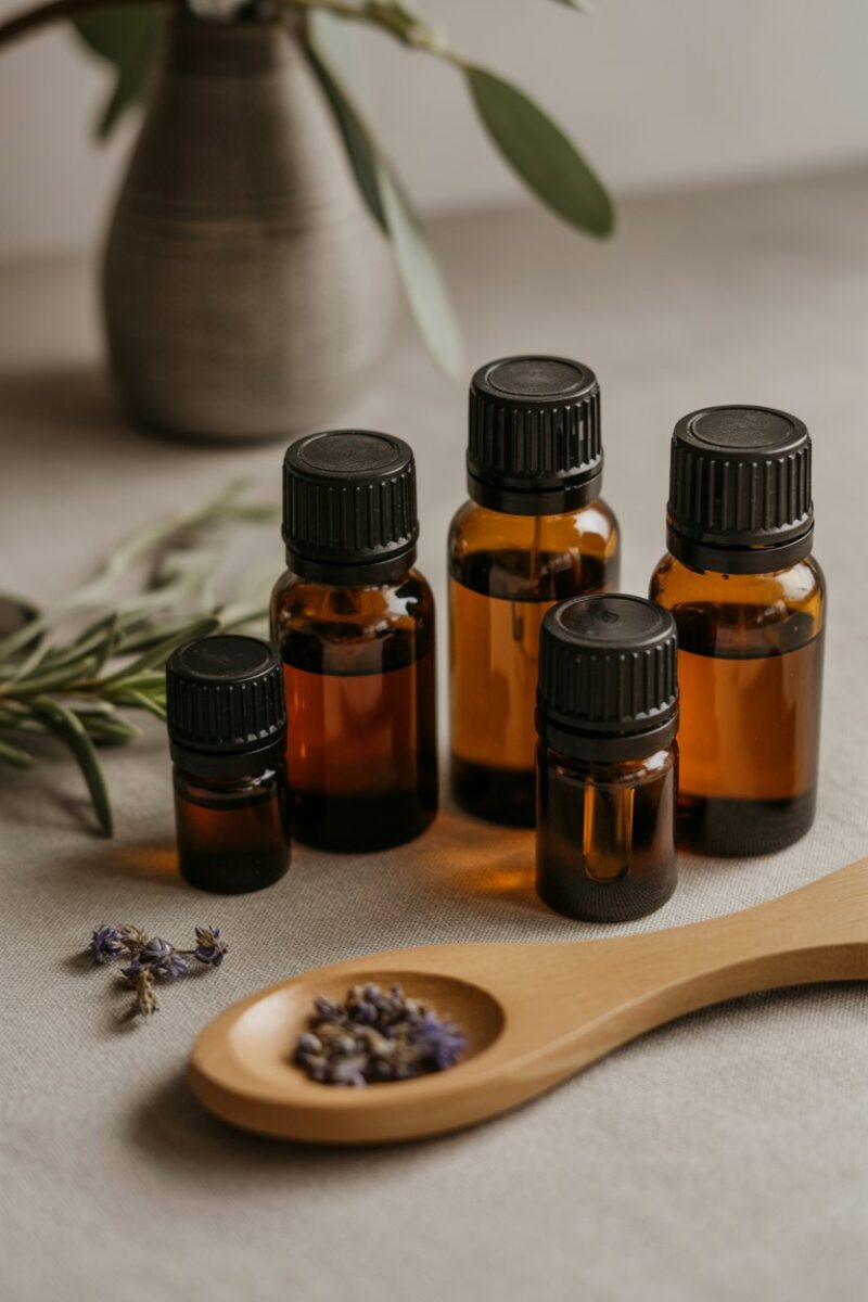 A collection of essential oils and tools for making DIY fragrance oil blends.