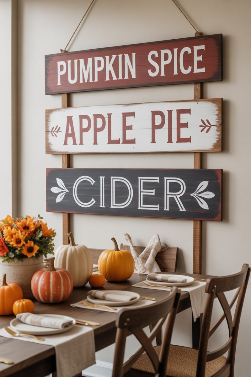 A collection of hand-painted fall signs with phrases like 'Pumpkin Spice', 'Apple Pie', and 'Cider' displayed in a cozy dining area.