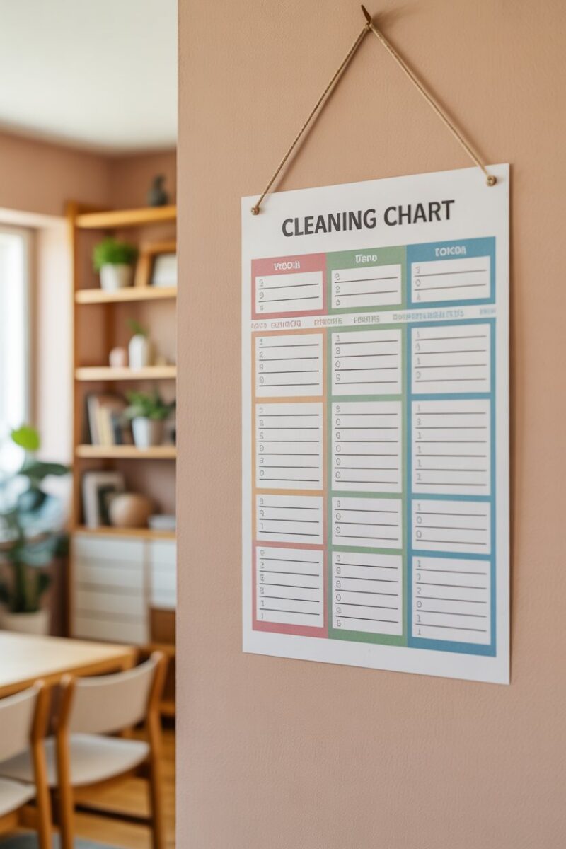 A colorful cleaning chart hanging on a wall in a cozy room with plants and shelves.