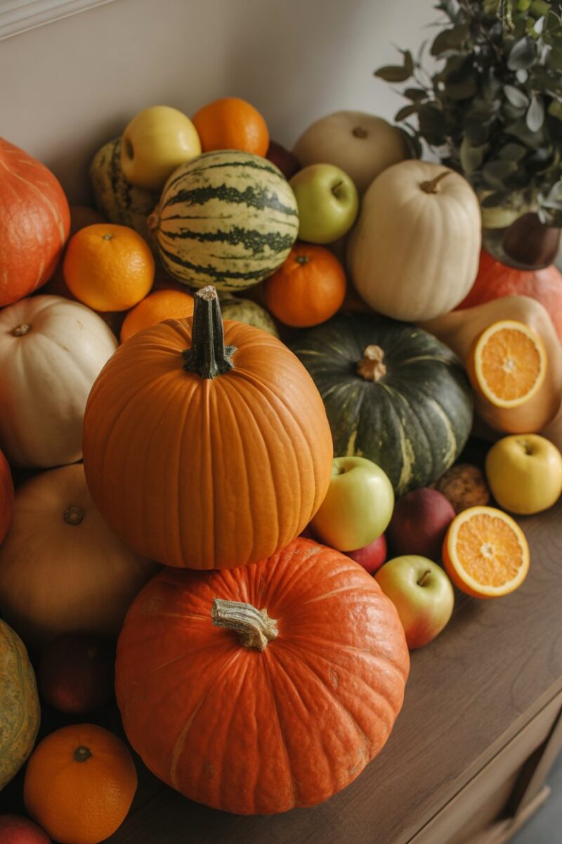 A colorful display of pumpkins and various fruits, including apples and oranges, arranged for a festive Thanksgiving decoration.