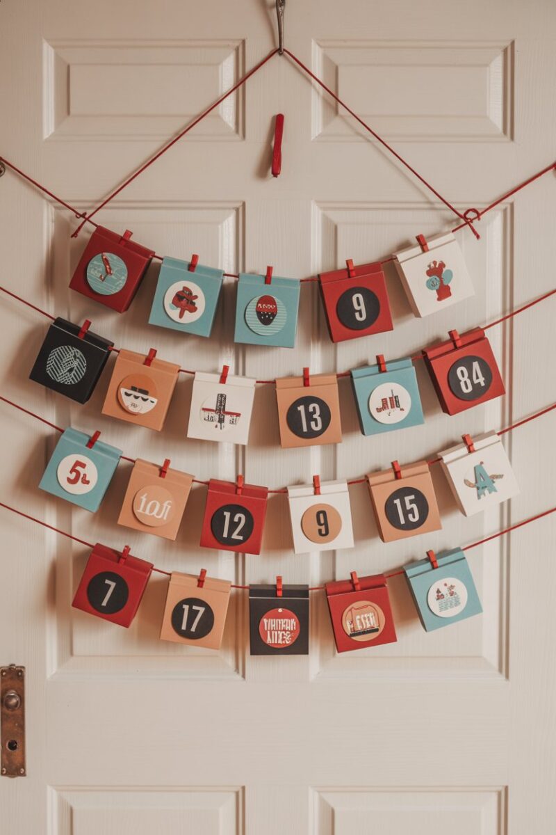 A colorful DIY advent calendar filled with treats, hanging on a wall.