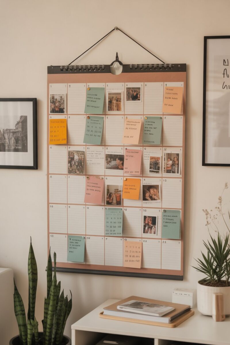 A colorful family calendar displayed on a wall with notes and photos.