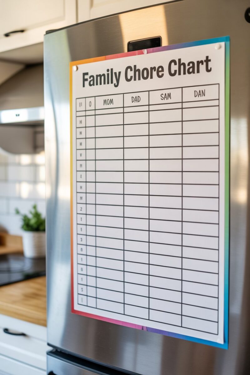 A colorful family chore chart displayed on a refrigerator.