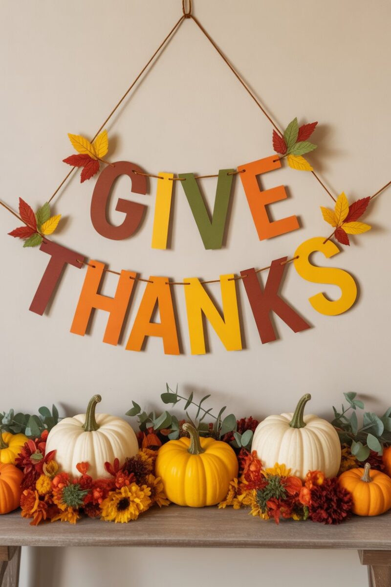 A colorful Thanksgiving banner that says 'GIVE THANKS' with autumn-themed decorations.