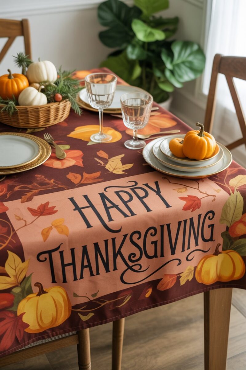 A colorful Thanksgiving-themed tablecloth with the words 'Happy Thanksgiving' and artistic designs.