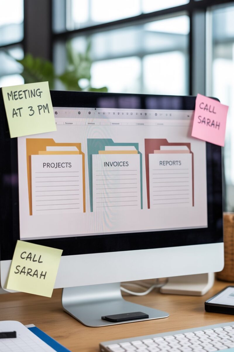A computer screen displaying organized digital files and folders with sticky notes on the monitor.