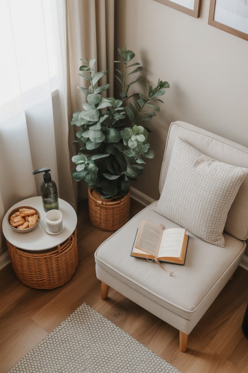 A cozy corner with snacks and a book, perfect for taking breaks while cleaning.