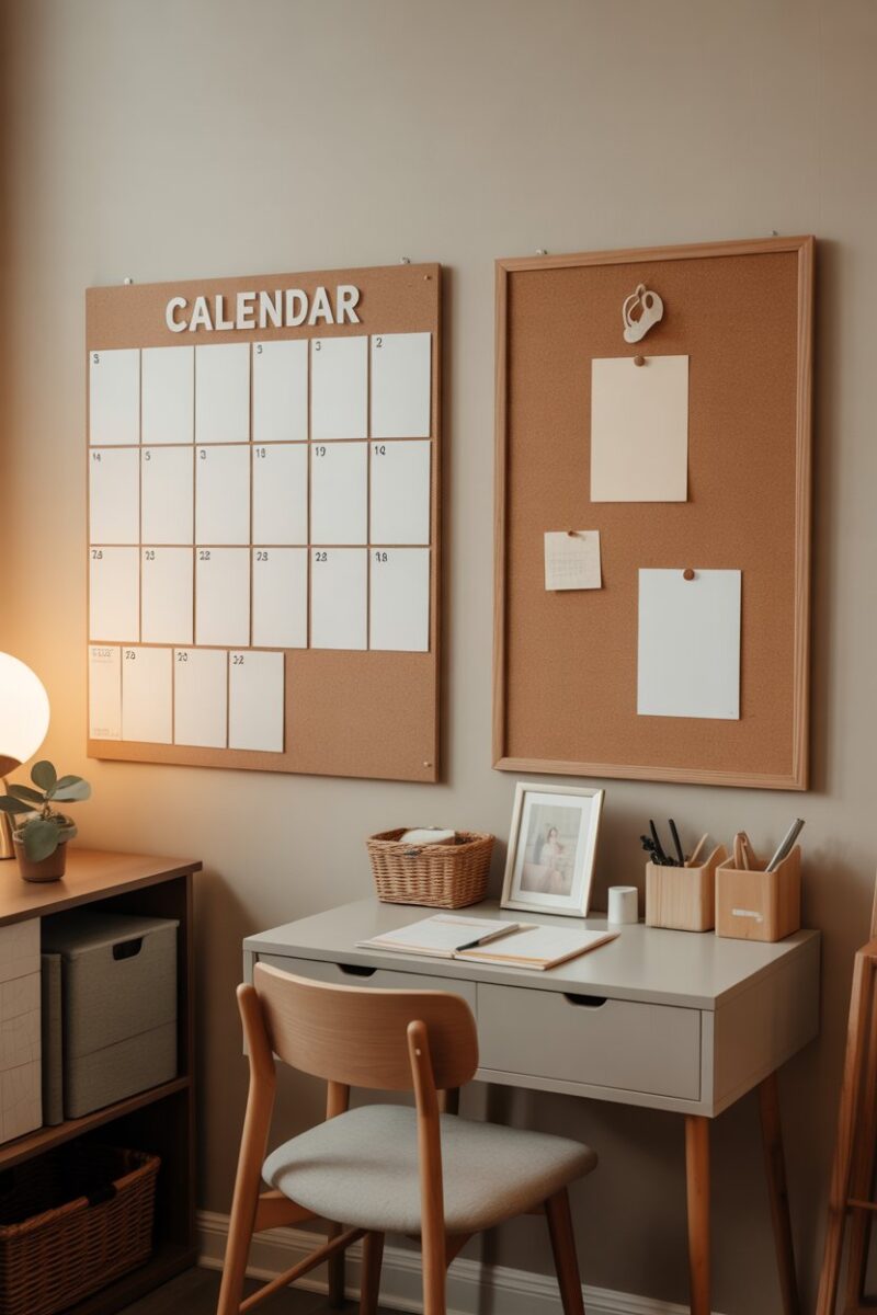 A cozy family command center with a calendar, corkboard, and desk.