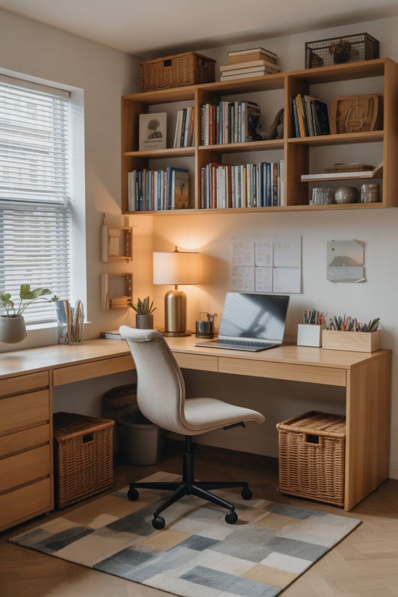 A cozy homework zone featuring a desk, bookshelves, and organized supplies.