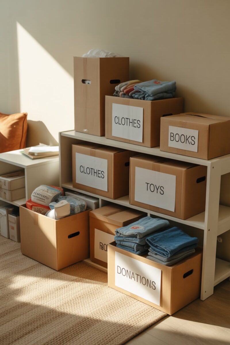 A cozy donation station filled with bags and boxes ready for charity.