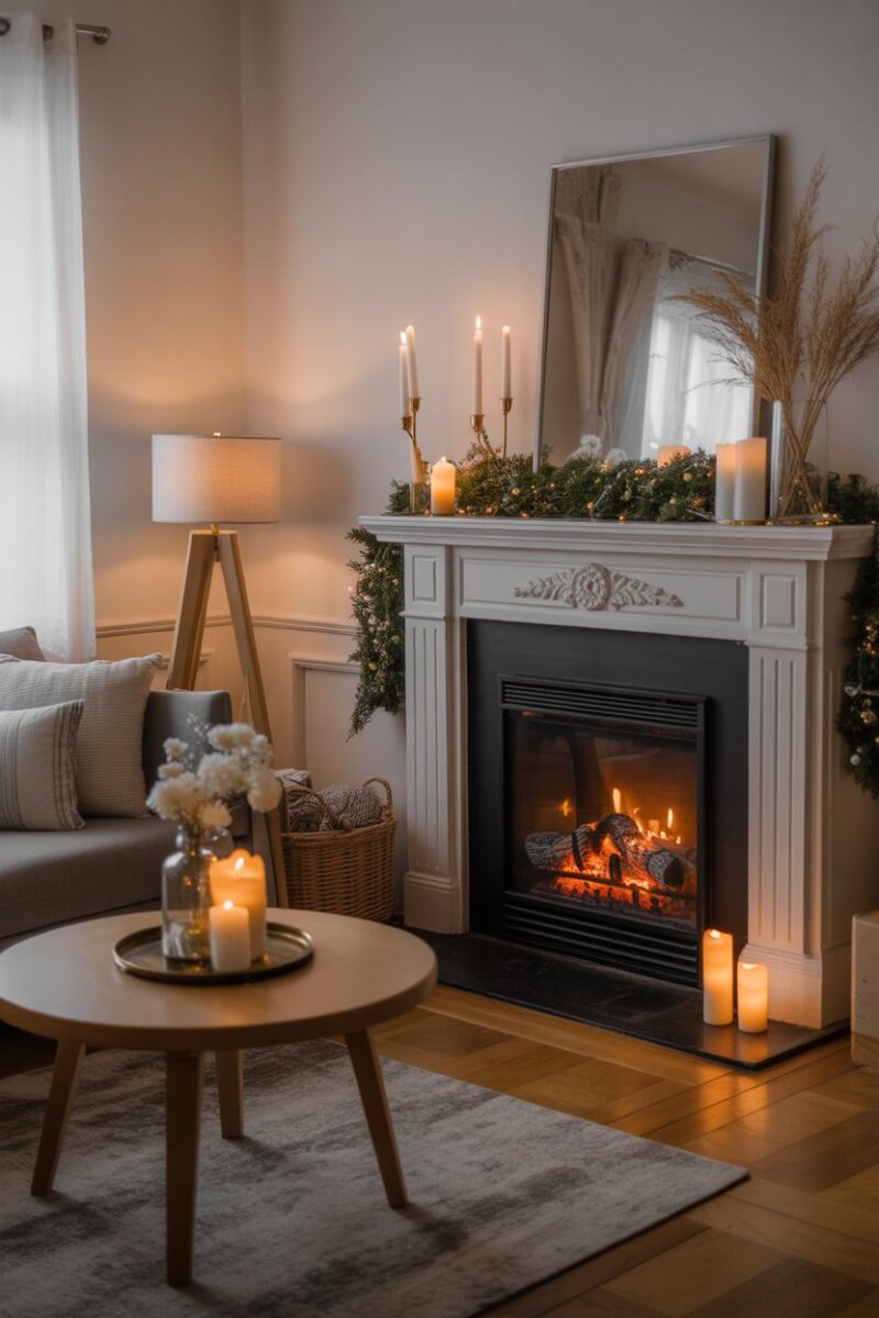 A cozy living room with a fireplace, candles, and winter decorations.