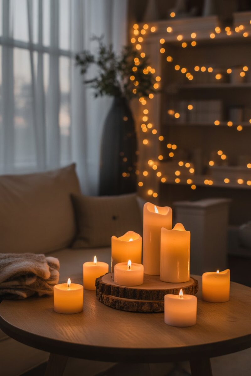 A cozy room with various candles lit around a wooden table, creating a warm atmosphere.