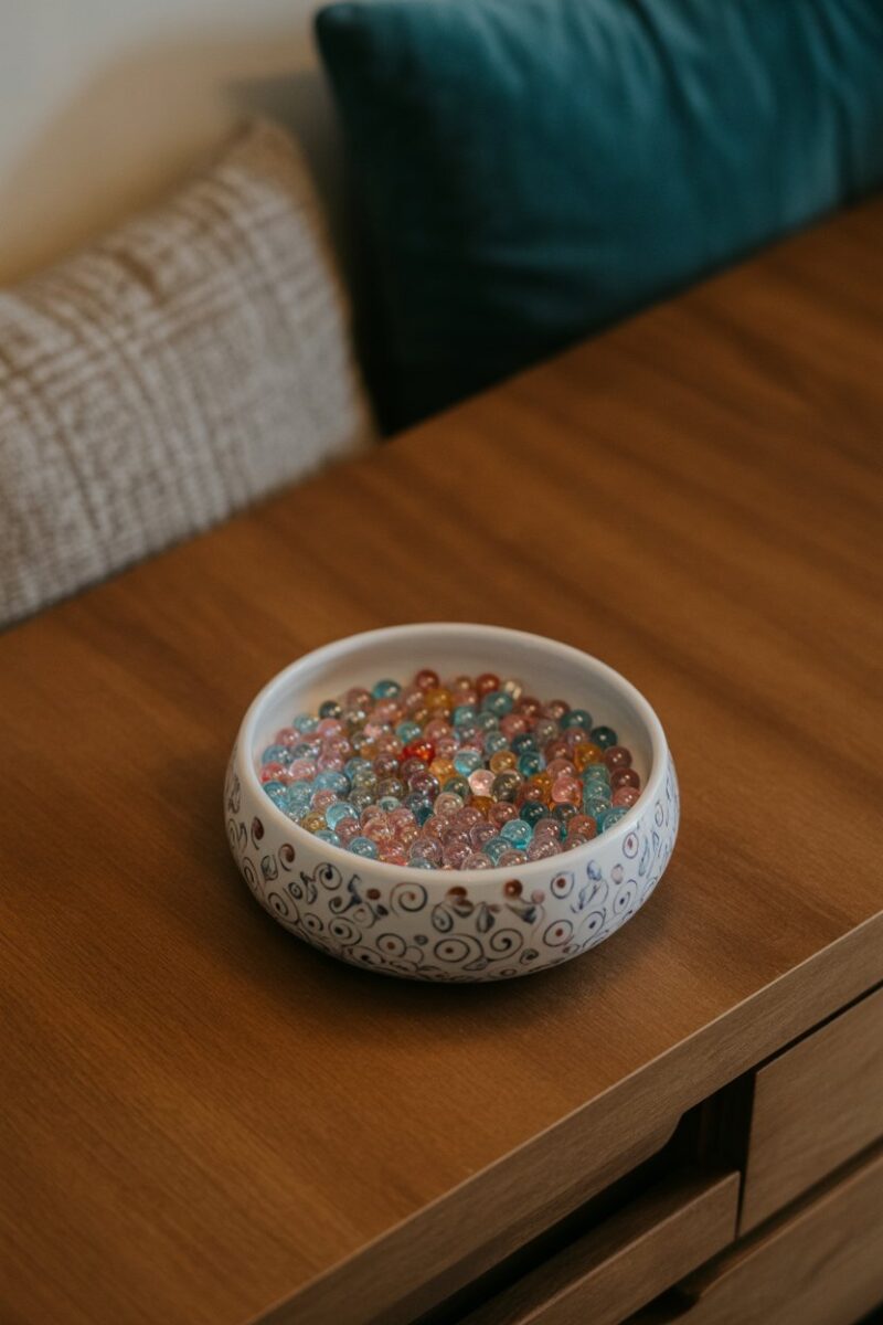 A decorative bowl filled with colorful scented oil beads arranged in a circular pattern.