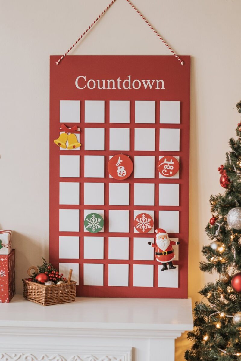 A decorative Christmas countdown board with bells, snowflakes, and a Santa figure.
