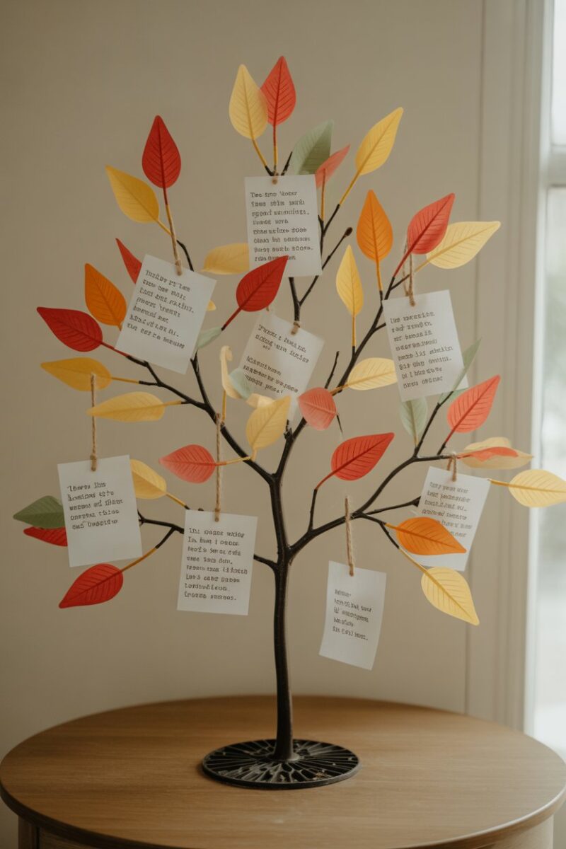 A decorative tree with colorful leaves and notes hanging from its branches, showcasing a gratitude theme.