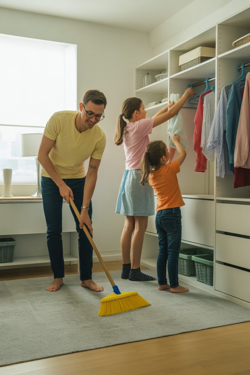 A family cleaning together, with a father sweeping and children organizing clothes.