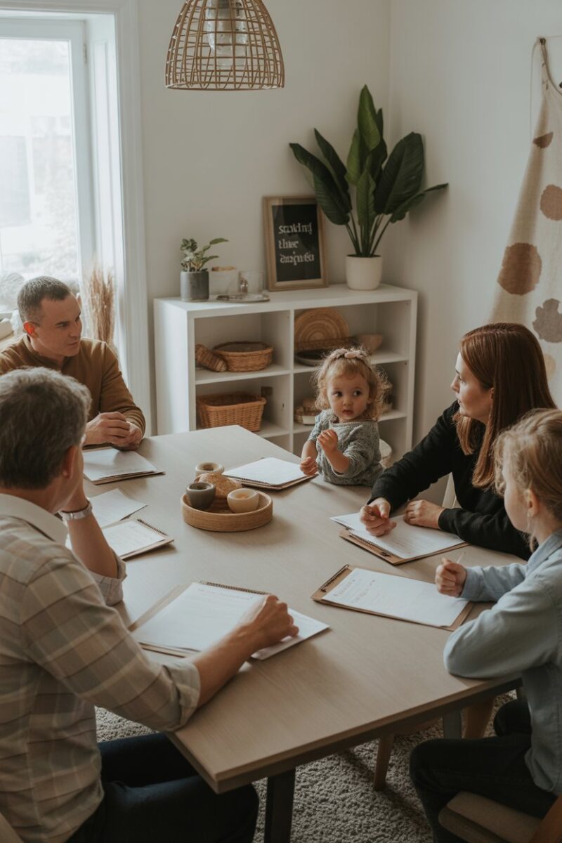 A family meeting with adults and children discussing schedules around a table.