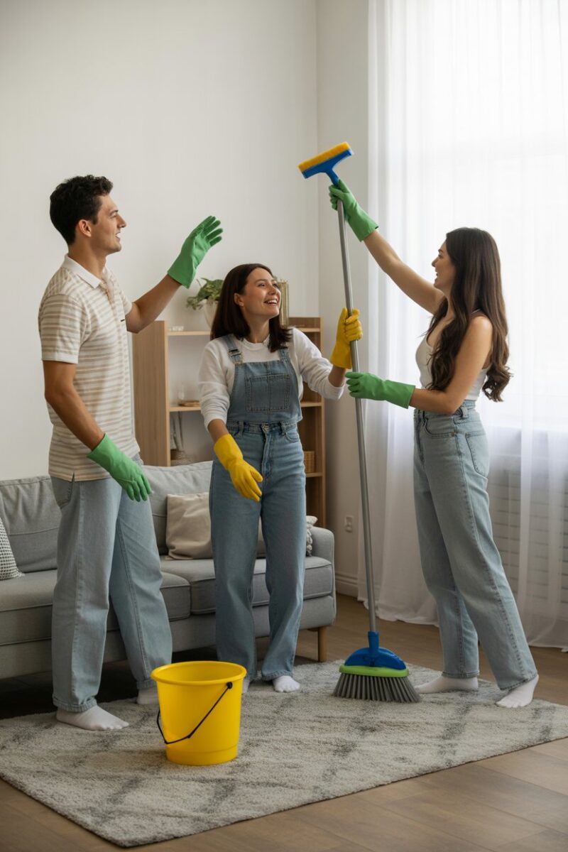 A group of friends happily cleaning together in a bright room.