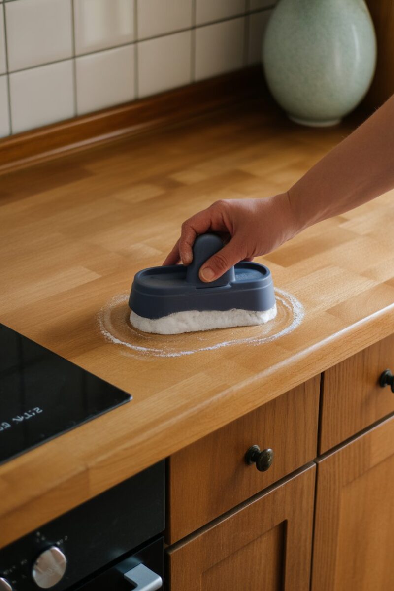 A hand applying a salt paste to a wooden kitchen cupboard.