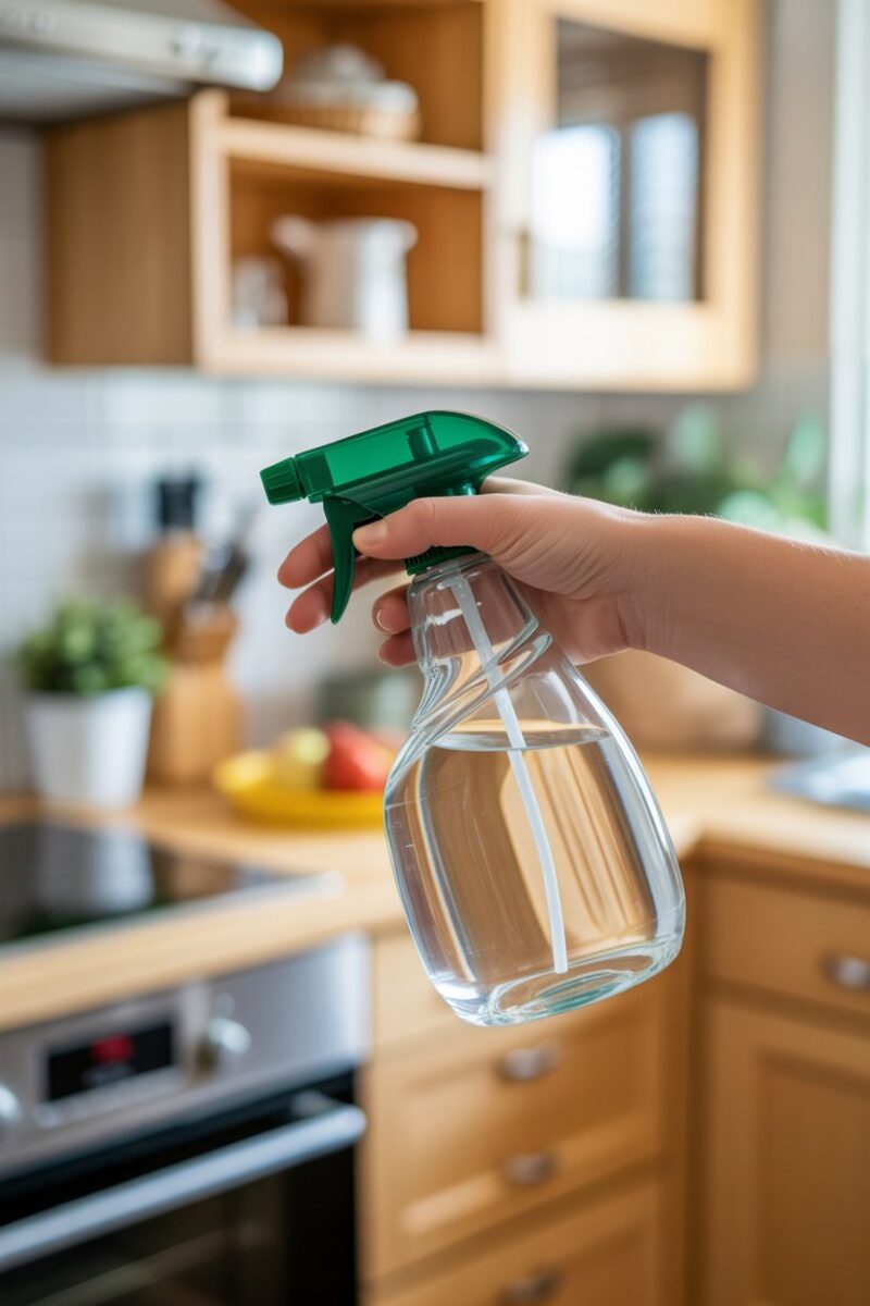 A hand holding a spray bottle filled with a vinegar and water solution, ready to clean kitchen cupboards.