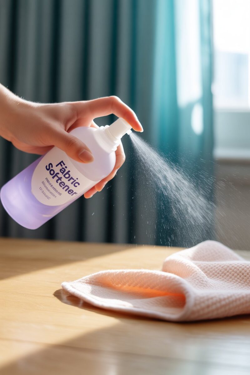 A hand holding a spray bottle of fabric softener over a soft cloth.