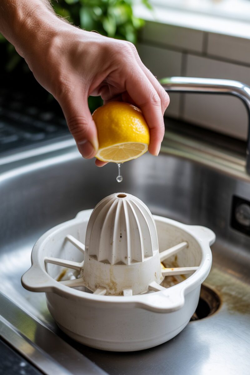 A hand squeezing a lemon over a garbage disposal.