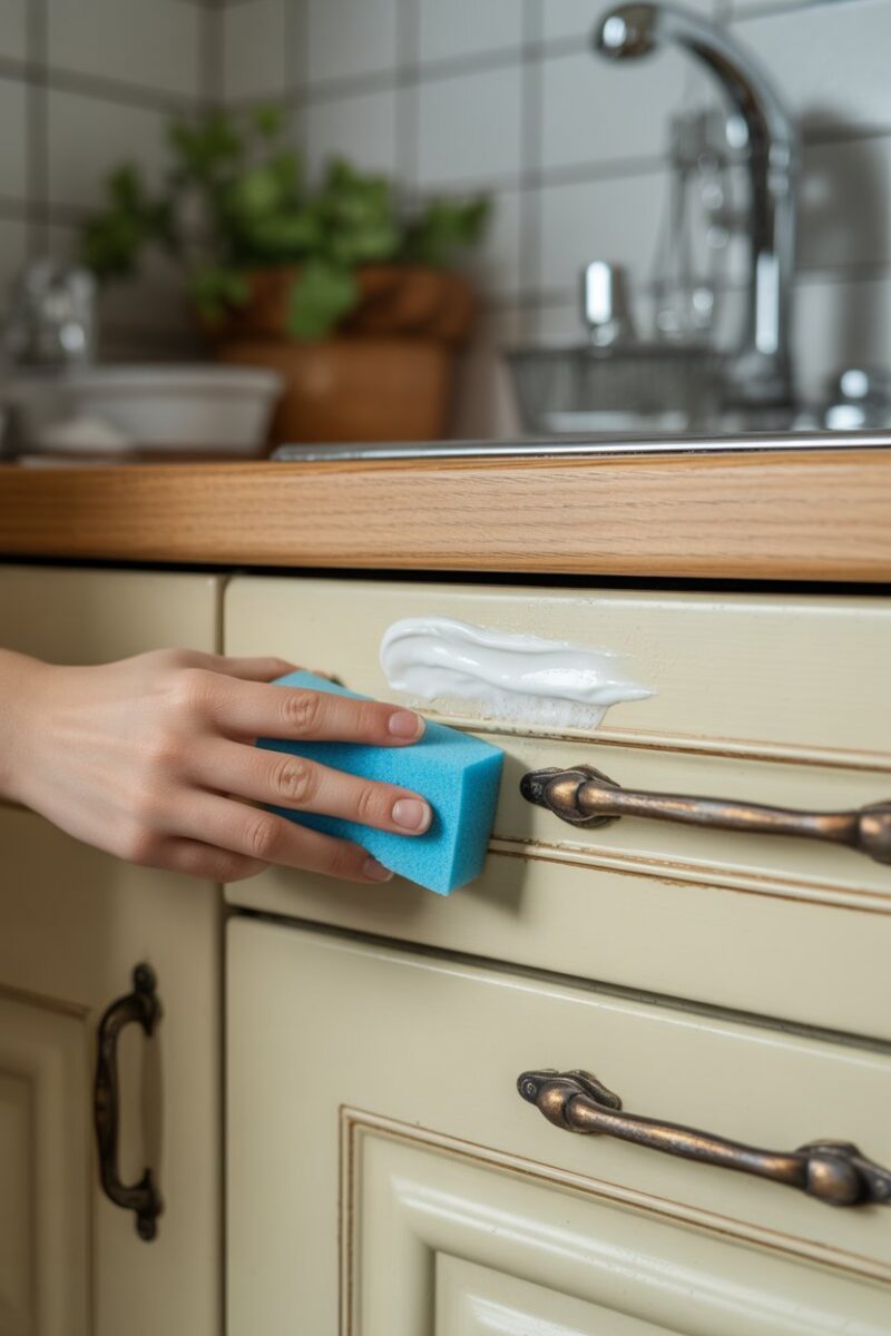 A hand using a blue sponge to apply toothpaste on a kitchen cupboard to remove grease.