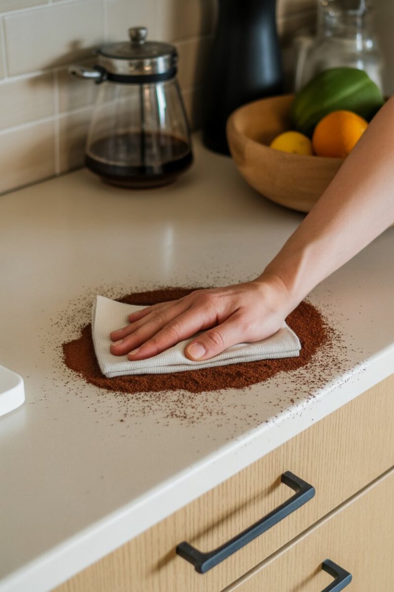 A hand using a cloth to clean a kitchen cupboard with coffee grounds sprinkled on it.