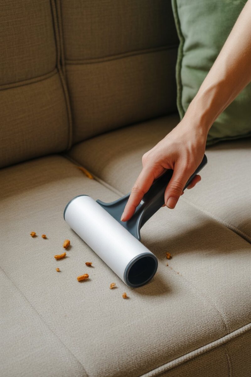 A hand using a lint roller on a couch to clean up crumbs.