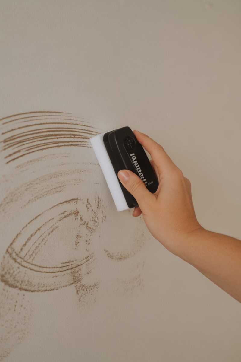 A hand using a magic eraser on a wall with scuff marks.