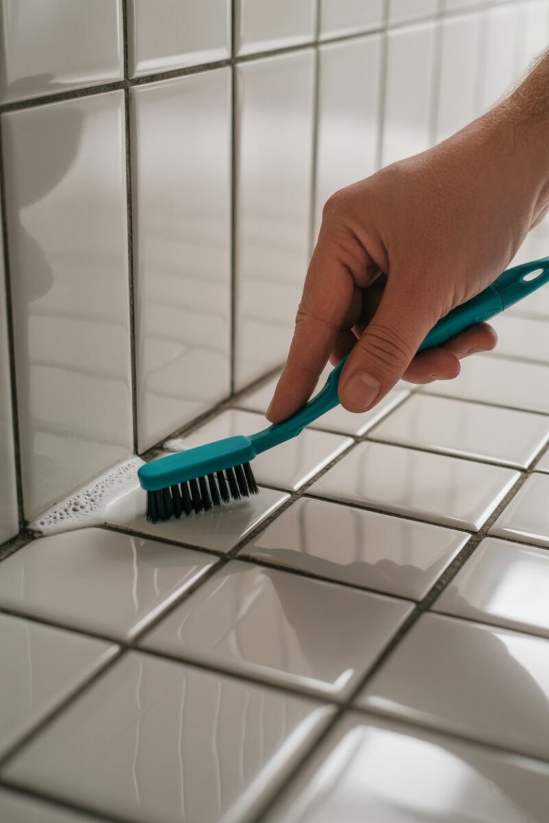 A hand using a toothbrush to clean grout between tiles.
