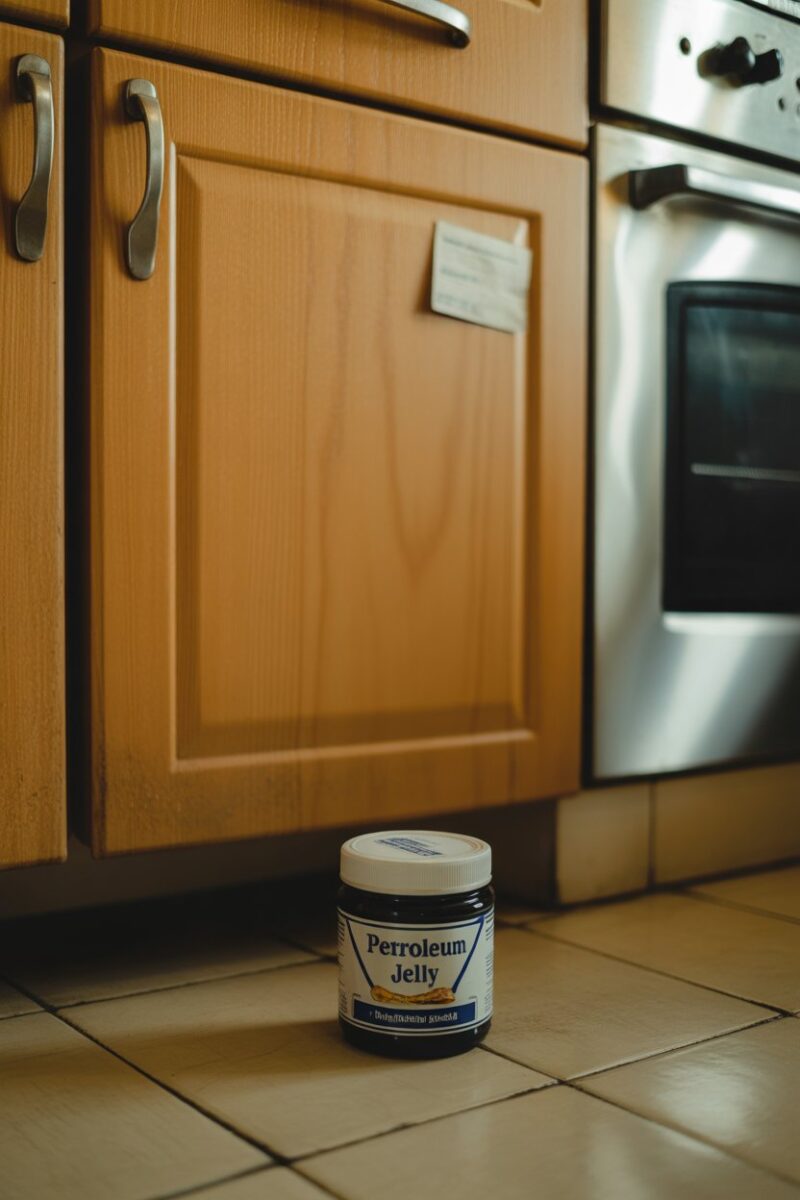 A jar of petroleum jelly placed on the floor near a greasy kitchen cupboard.