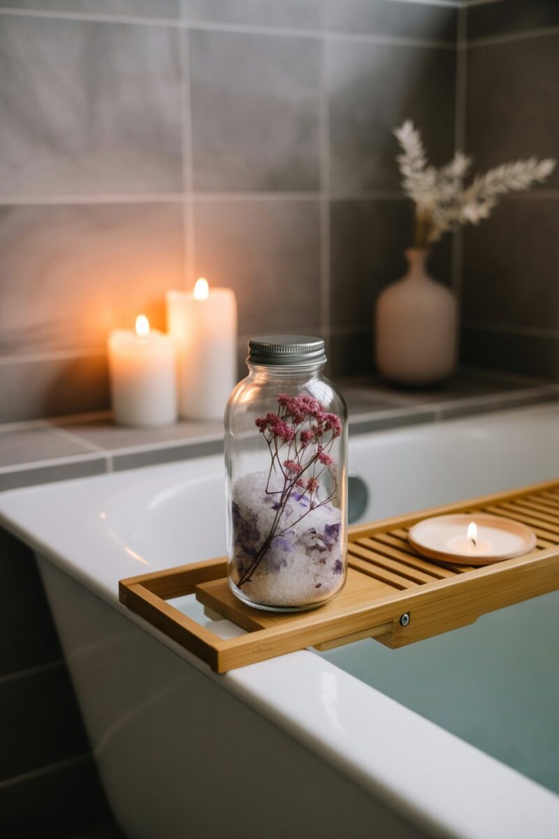 A jar of scented bath salts with dried flowers, placed next to a bathtub with candles.