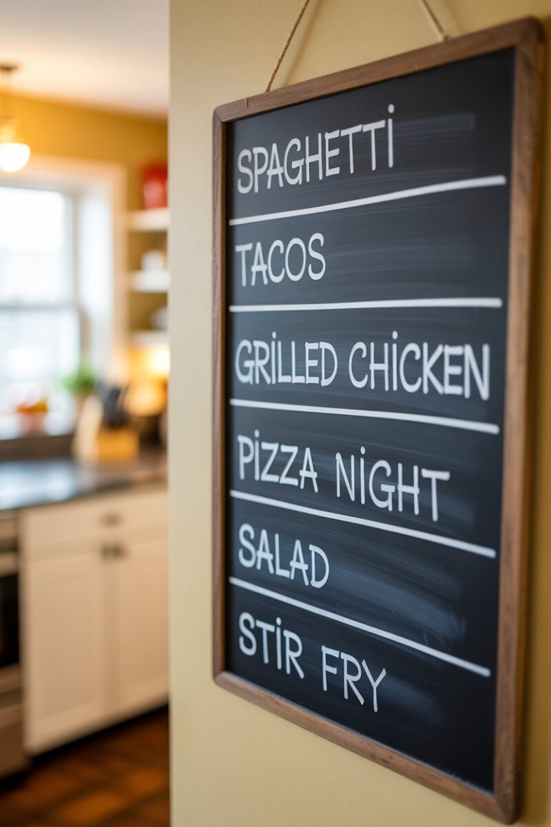 A chalkboard meal plan listing various family meals.