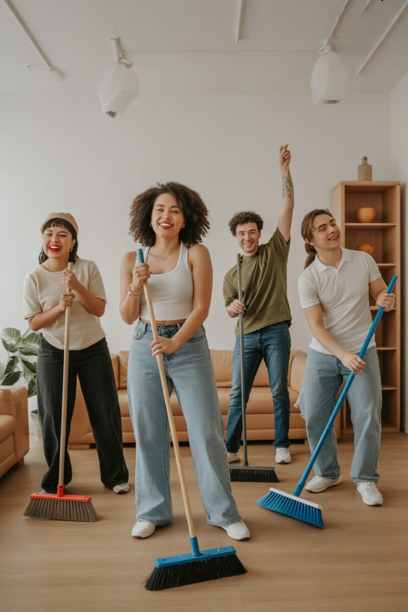 A lively dance party with people holding brooms, enjoying cleaning together.