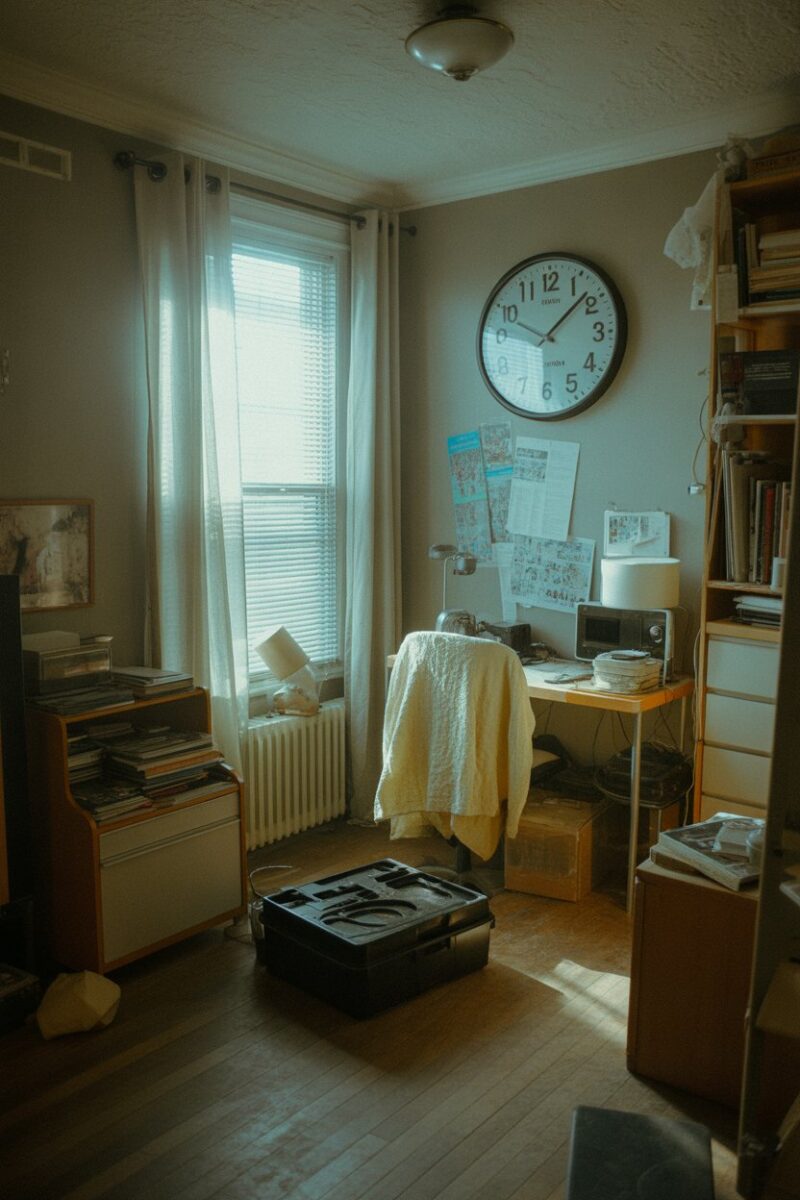 A messy room with a large clock showing the time.