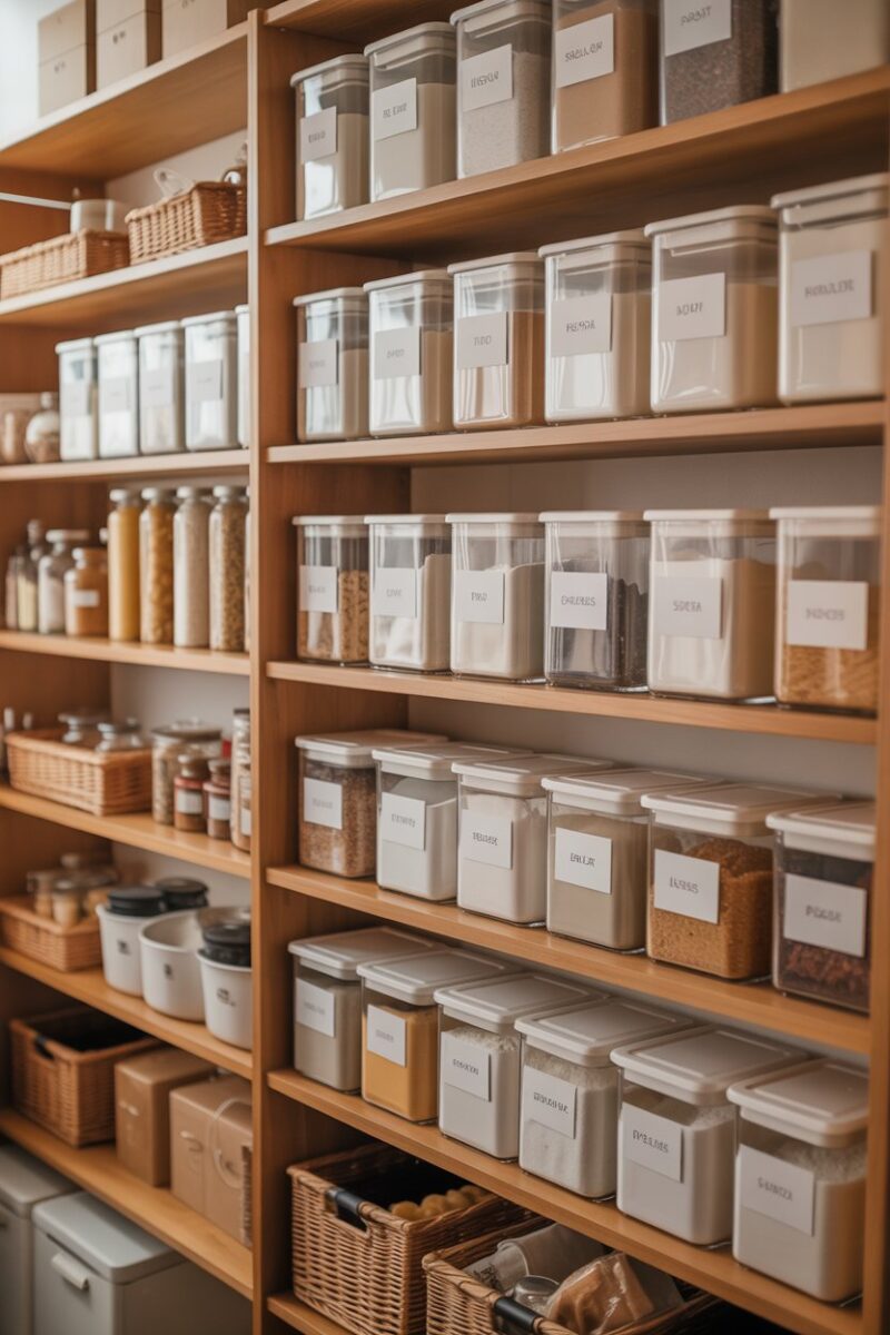 A neatly organized pantry with labeled containers and shelves.