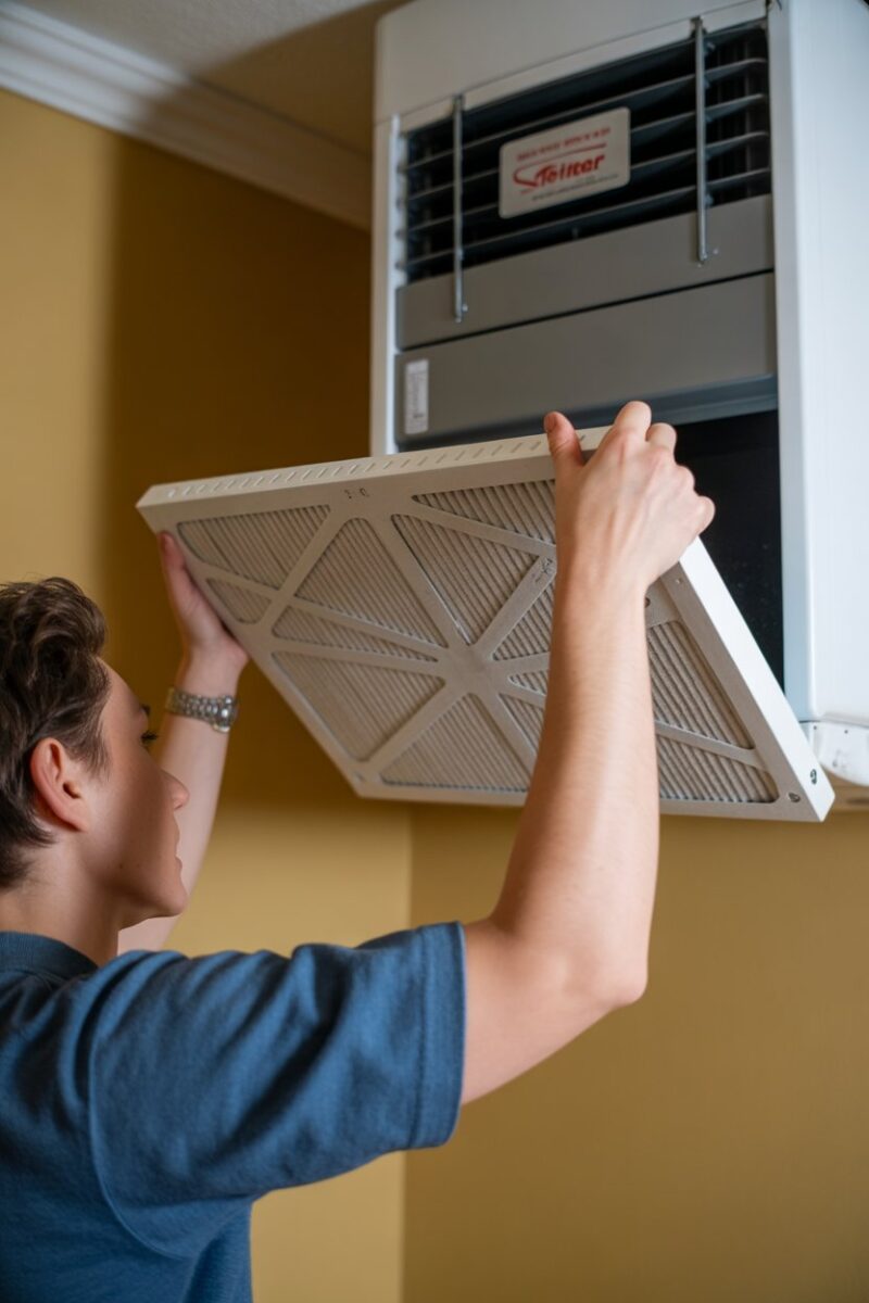 A person changing an air filter in a heating system.