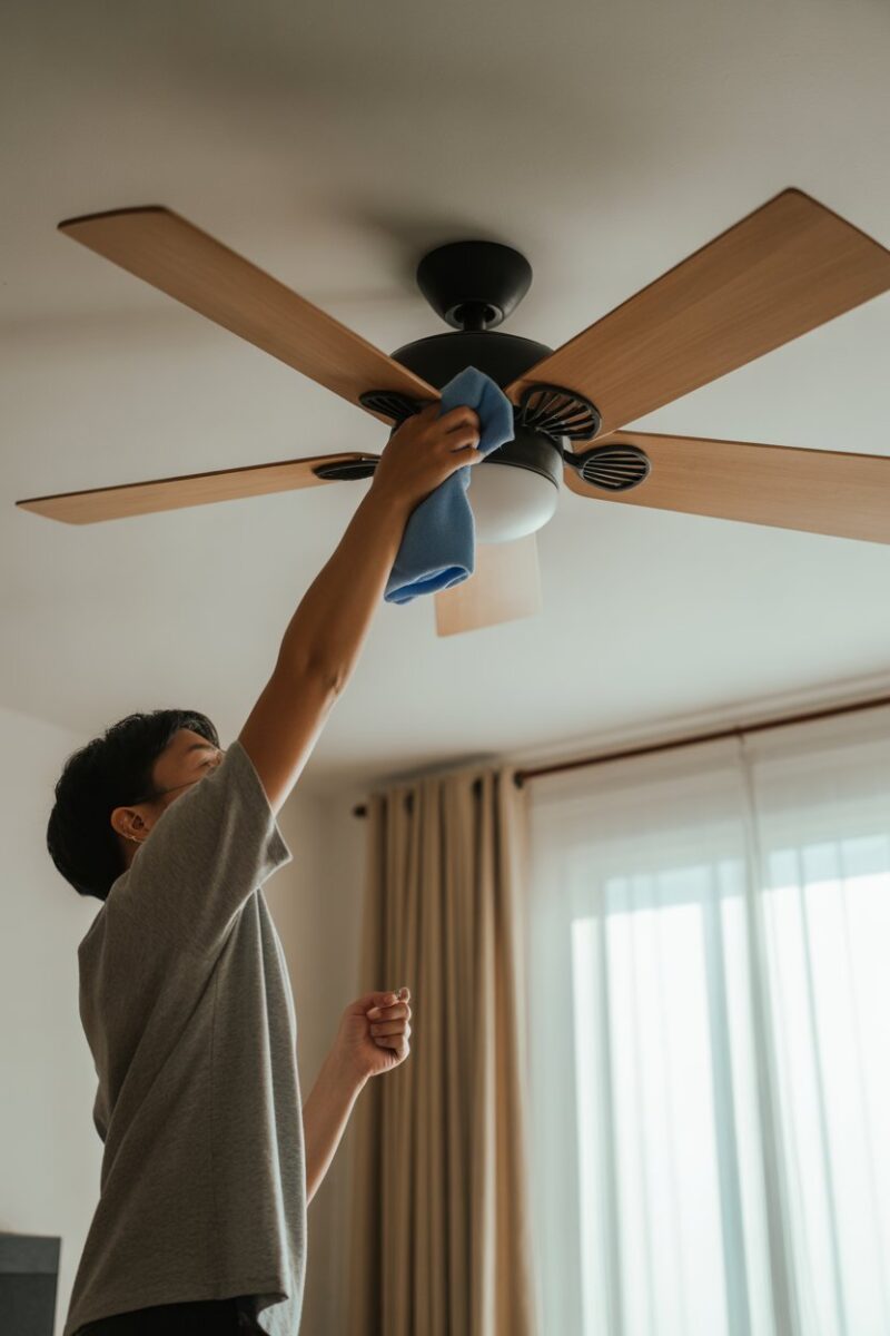 A person cleaning a ceiling fan with a pillowcase.